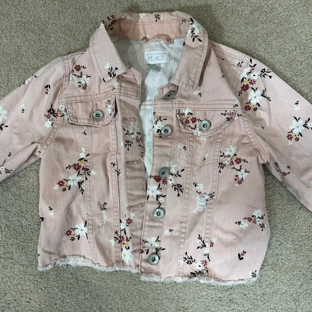 The Children’s Place Girls Floral Denim Jacket Pink Raw Hem Cotton Twill 7/8 M